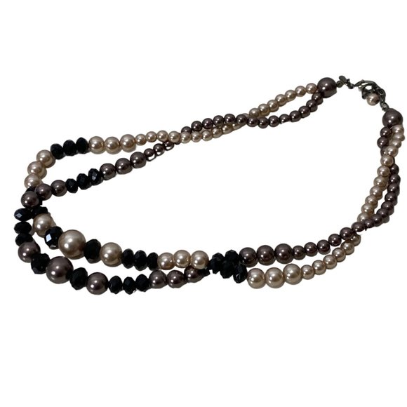 (3-097) Double Strand Necklace Taupe/Beige Pearl-Like Beads Black Faceted Beads - Picture 6 of 12
